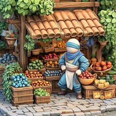 Fototapeta premium A whimsical illustration of a stylized fruit and vegetable vendor standing in front of his quaint shop.