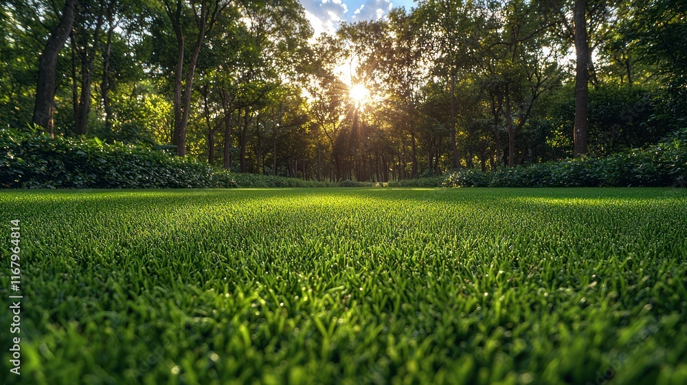 Poster Lush green grass in a sunlit park. (1)