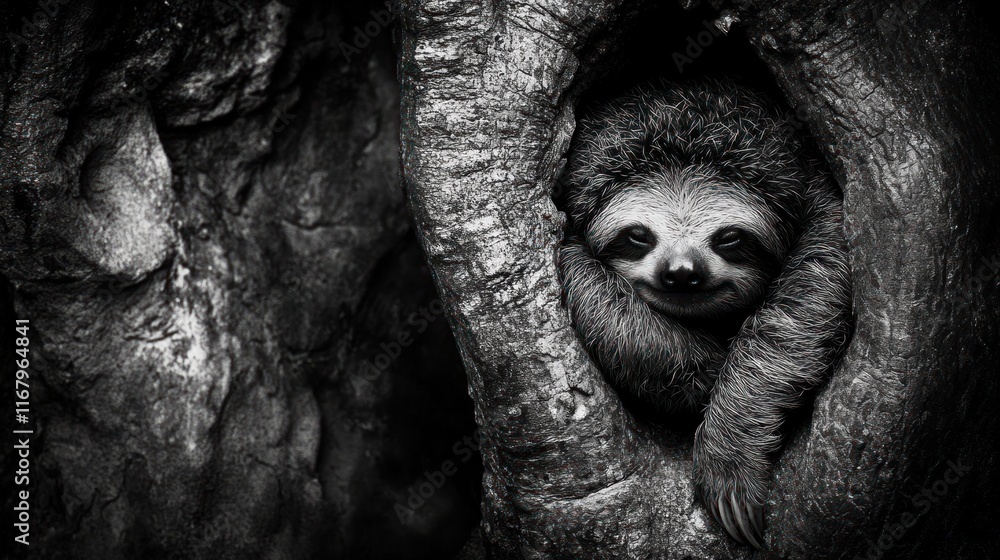 Poster a sloth rests contentedly in a tree hollow, its fur blending seamlessly with the bark.