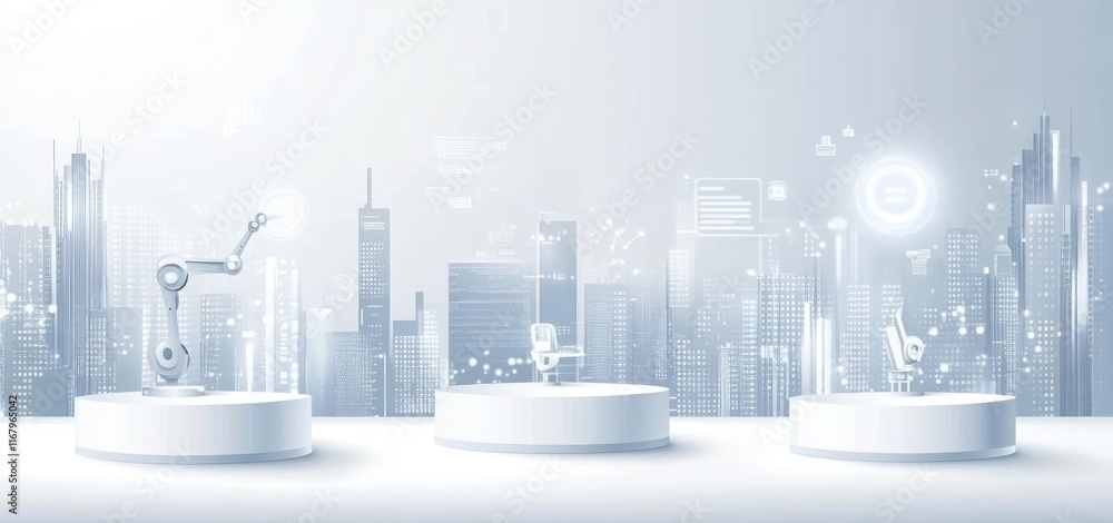 Poster futuristic city skyline with robotic arm and digital elements on platforms.