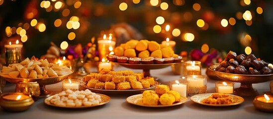 Festive table with sweets and candles, warm ambiance.
