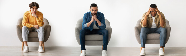 Collage Of Three Different Pensive Men Sitting On Chair Over White Wall Indoors, Young Upset Multiethnic Males Thinking About Something, Suffering Depression Or Life Problems, Panorama