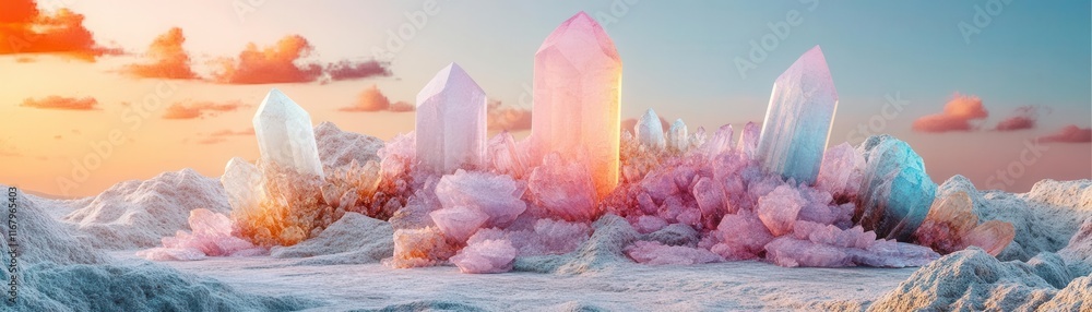 Poster geological formations summary flat design front view mineralogy and crystals theme 3d render colored