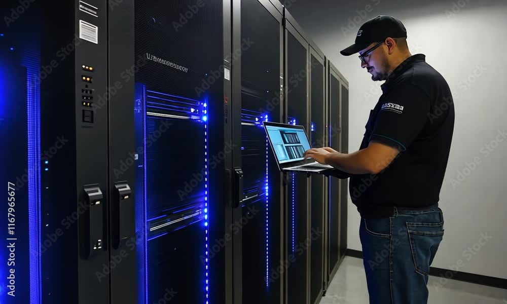 Poster it technician working on servers in a modern data center