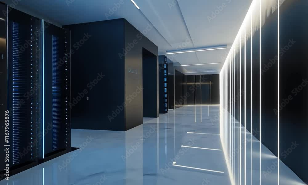 Poster modern data center corridor: sleek design and high-tech infrastructure