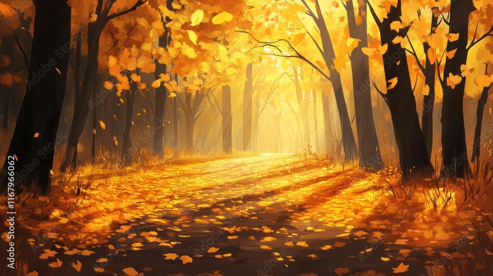 Poster sunlit path through autumn forest with golden leaves.