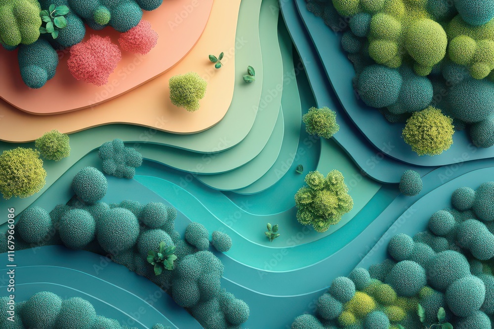 Poster a vibrant, abstract landscape featuring layered hills and colorful clusters of foliage, creating a v