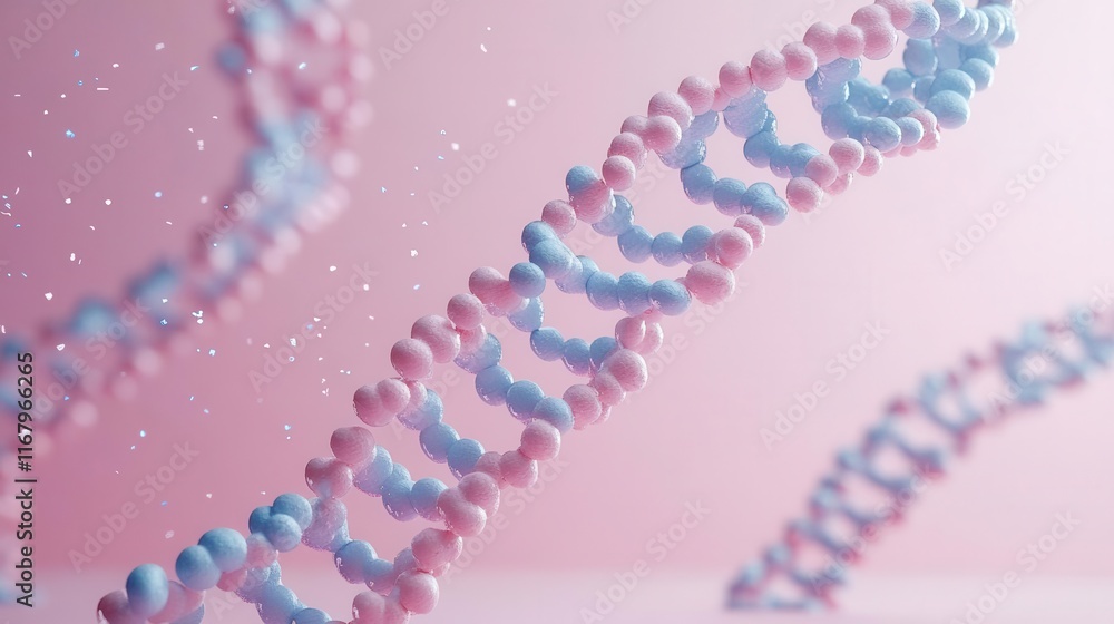 Poster a close-up view of a dna double helix structure, showcasing colorful base pairs against a soft pink 