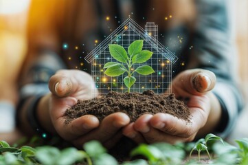 Terra, planta e linhas de uma casa nas mãos. imagem simboliza a criação, a esperança a conexão profunda entre o homem e a natureza, onde cada ação molda o mundo que queremos construir