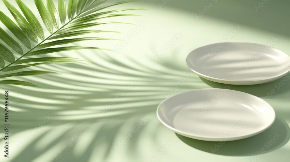 Poster Two empty plates on a green background with palm leaf shadow.