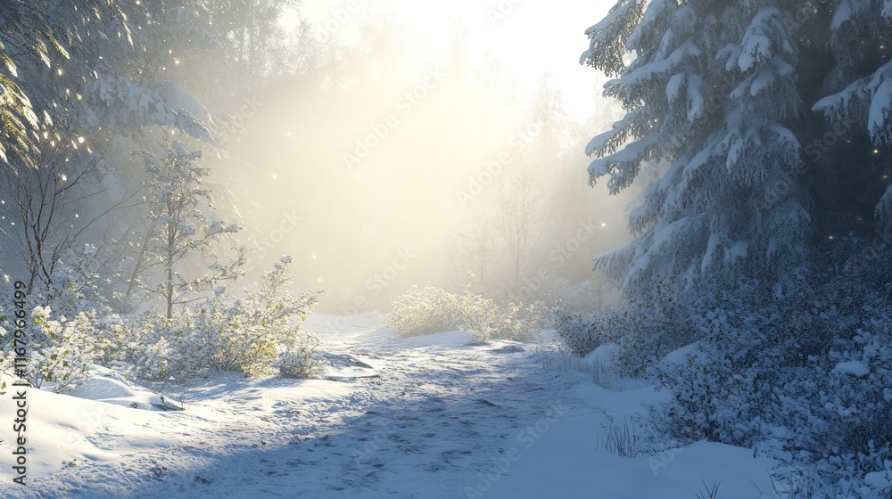 Poster Sunlit path through a snow-covered winter forest.