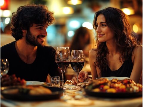Um casal apaixonado troca olhares apaixonados durante um jantar rom&acirc;ntico, expressando a intensidade do amor e a celebra&ccedil;&atilde;o de um momento especial
