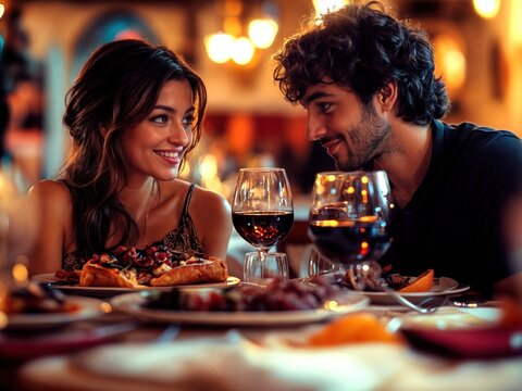Um casal apaixonado troca olhares apaixonados durante um jantar rom&acirc;ntico, expressando a intensidade do amor e a celebra&ccedil;&atilde;o de um momento especial