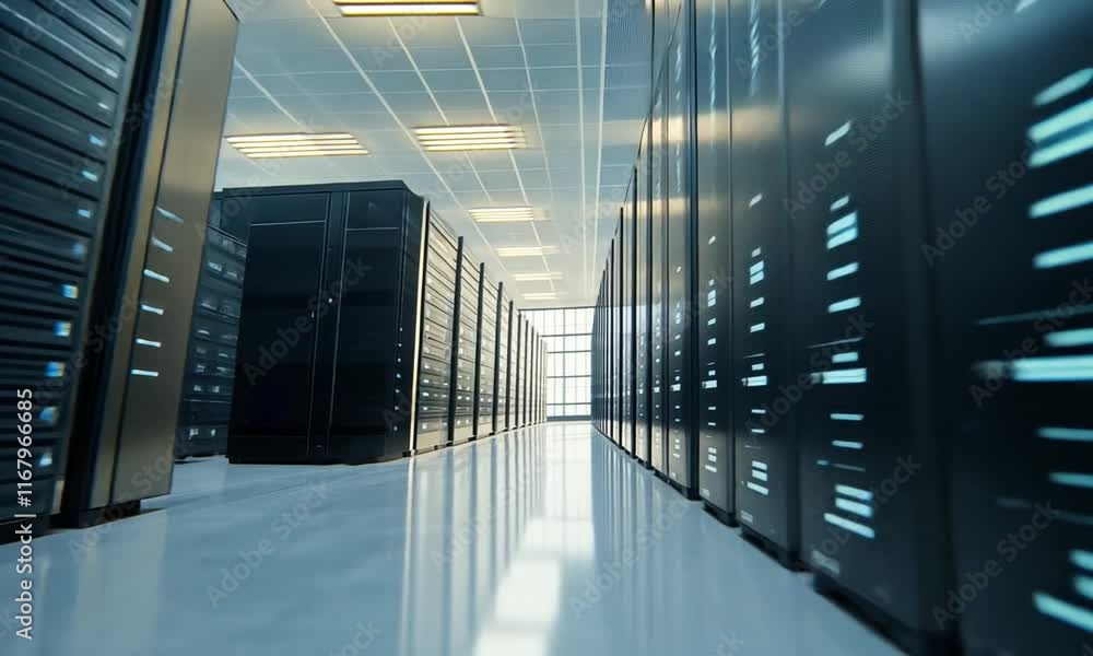 Aufkleber inside a modern data center: rows of servers and high-tech infrastructure
