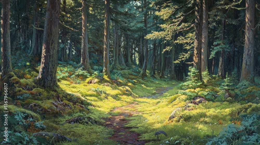 Poster sunlit path through a lush, mossy forest with tall trees.