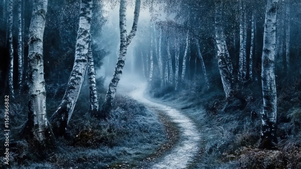 Poster misty path winding through a frozen birch forest.