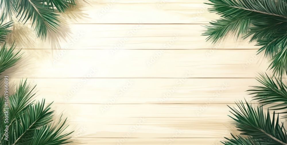 Aufkleber top view of wood texture background decorated with green pine branches.
