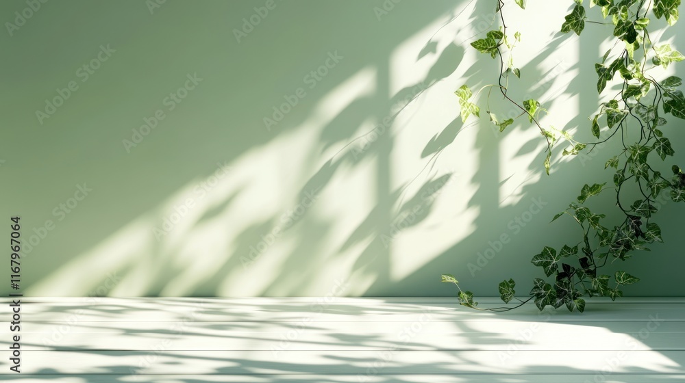 Aufkleber sunlight streams through window, casting shadows on a pale green wall and white floor with ivy vine.