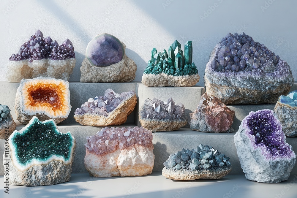 Poster mineral display overview flat design front view crystals and gemstones theme 3d render colored paste