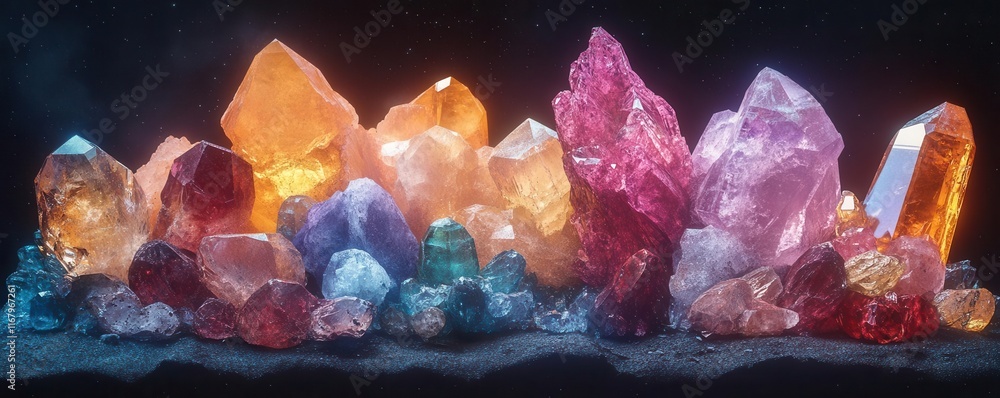 Poster a vibrant array of colorful crystals glistening under light, showcasing a spectrum of hues and shape