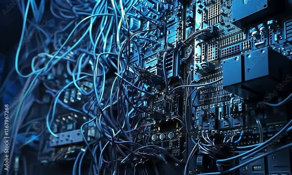 Poster tangled web of technology: a close-up of complex circuitry and wiring