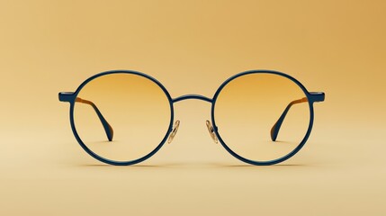 Round blue metal frame eyeglasses with amber lenses on yellow background.