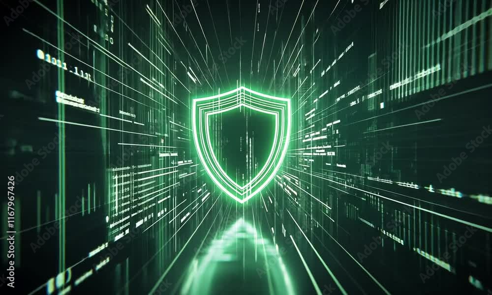 Poster cybersecurity shield: digital fortress in the data stream