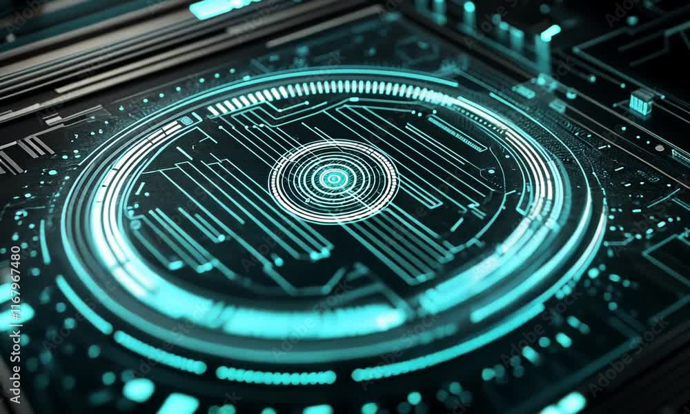 Poster futuristic technology: abstract circuit board with glowing cyan lines and circular core