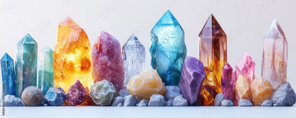 Poster mineralogy overview chart flat design front view gemstones and earth materials theme 3d render triad