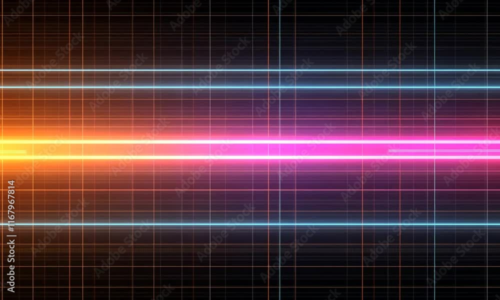 Poster abstract neon lightscape: vibrant glowing lines on a dark grid background