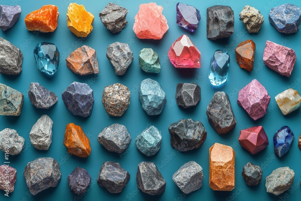 Poster a vibrant array of colorful gemstones and crystals displayed on a blue background, showcasing their 