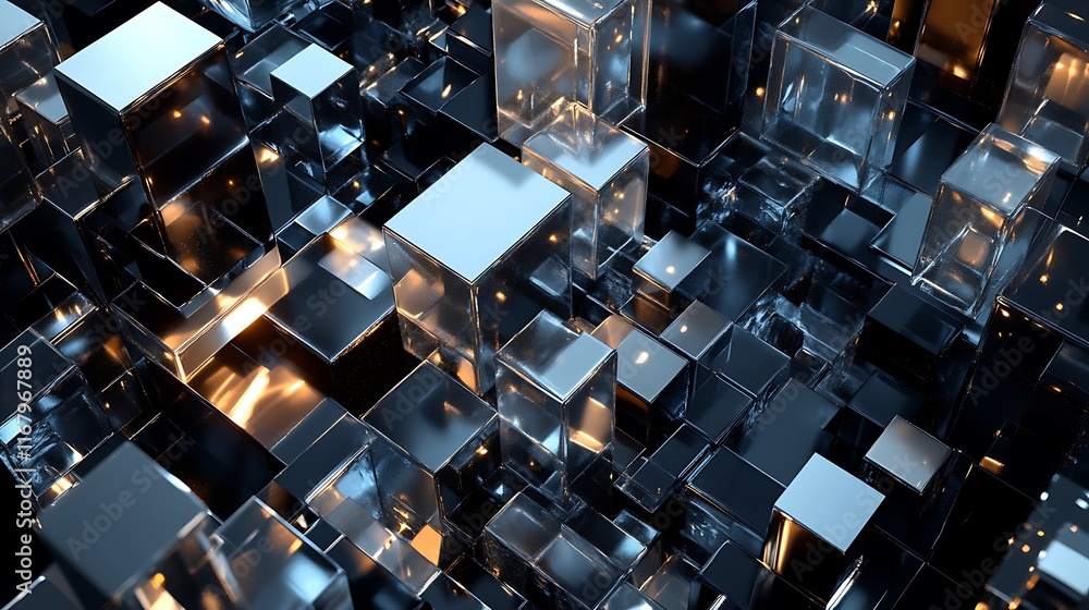 Poster artistic 3d composition showcasing various geometric shapes and cubes, thoughtfully arranged in an e