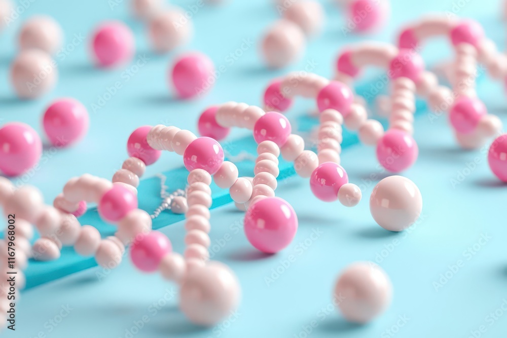 Poster a close-up view of colorful molecular structures representing dna, emphasizing the vibrant pink and 