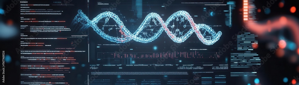 Poster a digital display presents a dynamic dna helix with data analytics, showcasing advanced biotechnolog