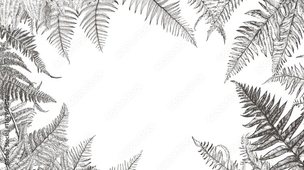 Poster 4.a highly detailed vector composition of fern fronds creating an intricate frame around a central s
