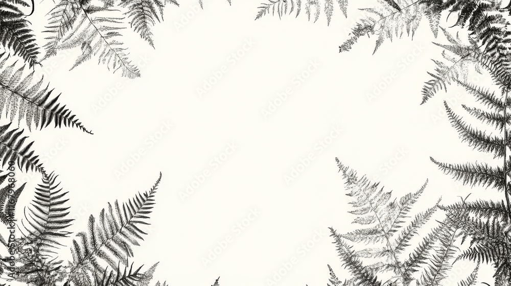 Poster 4.a highly detailed vector composition of fern fronds creating an intricate frame around a central s