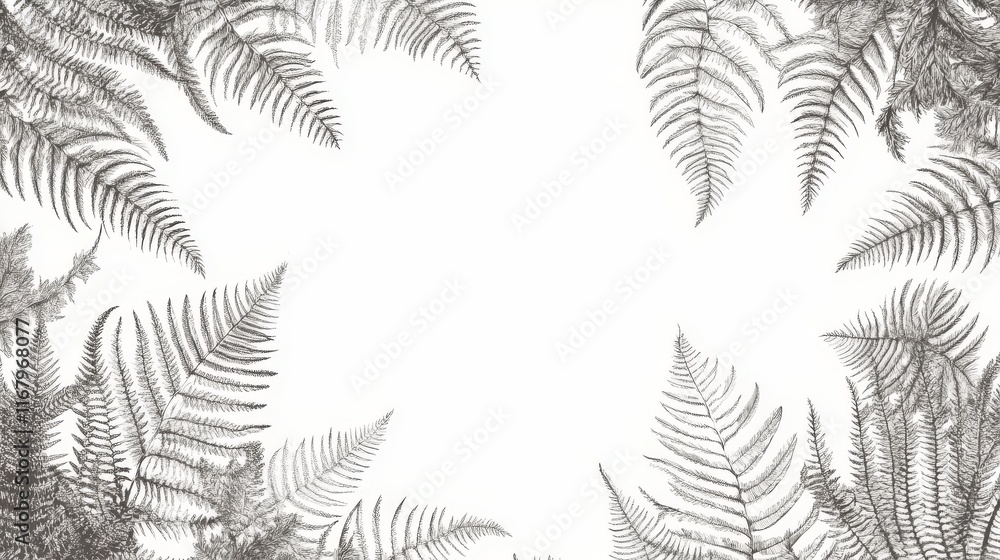 Poster 4.a highly detailed vector composition of fern fronds creating an intricate frame around a central s