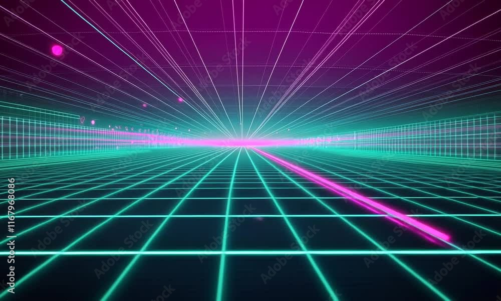 Sticker Retro Futuristic Grid Landscape: A Neon 80s Synthwave Digital Art