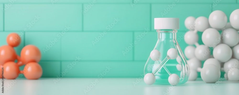 Poster a colorful laboratory scene featuring a flask with liquid, surrounded by molecular models on a teal 