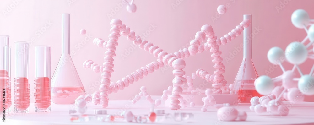 Poster molecular synthesis overview flat design front view gene analysis theme 3d render colored pastel