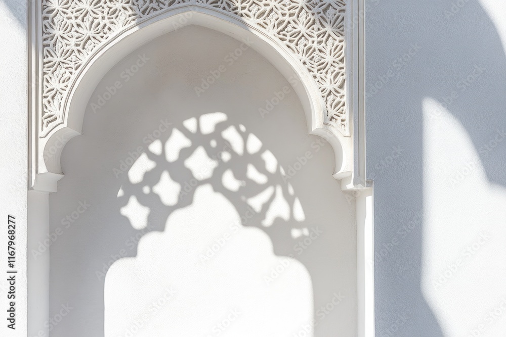 Poster Intricate white archway with ornate design casting shadow on wall.