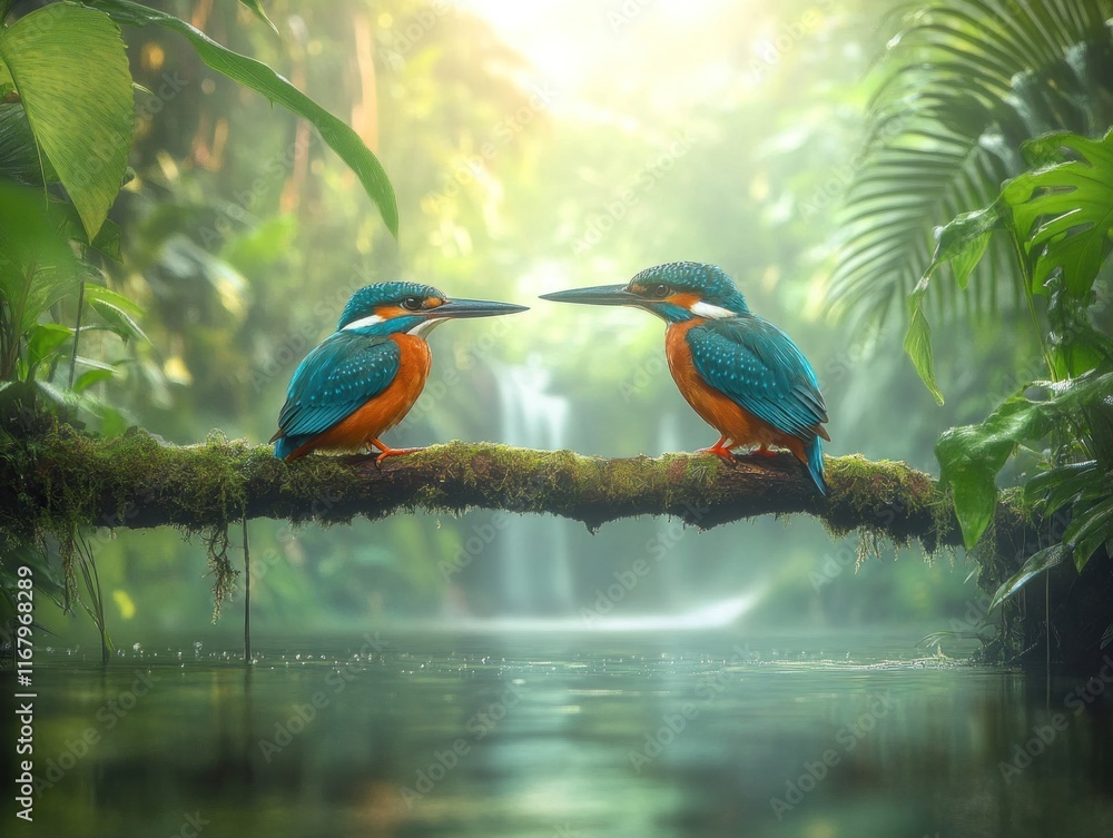Poster two kingfishers face each other on a branch over a jungle stream.