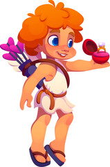 Cartoon valentine cherub and angel character with orange curls, white wings, and a quiver of arrows, holding an open red ring box with a glowing ring, symbolizes love, proposals, and romance