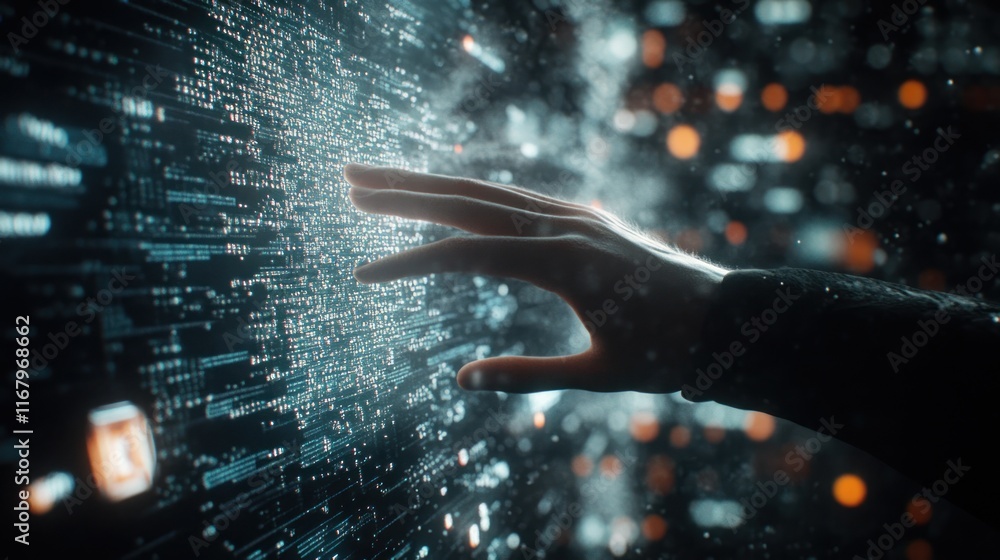 Aufkleber Hand interacting with a digital interface displaying lines of code and data.