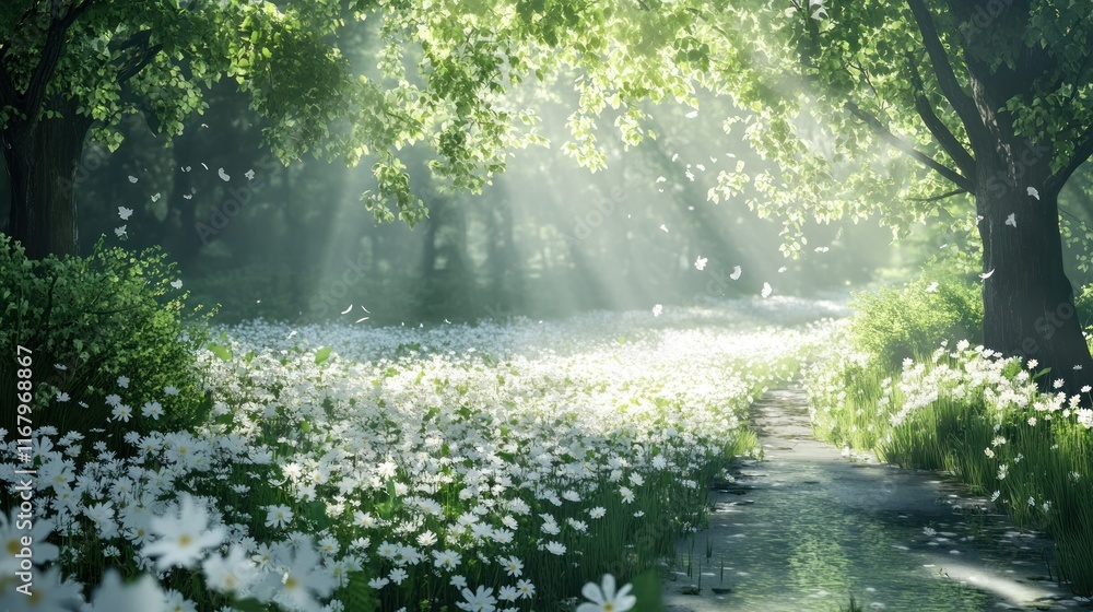 Poster sunbeams illuminate a path through a field of white flowers in a lush green forest.
