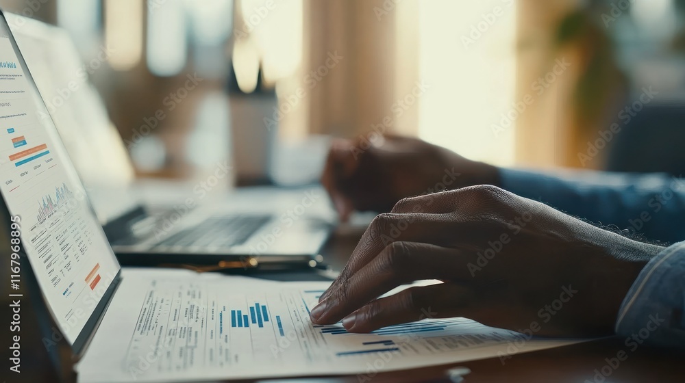 Aufkleber close-up of hands analyzing financial data on laptop and documents.