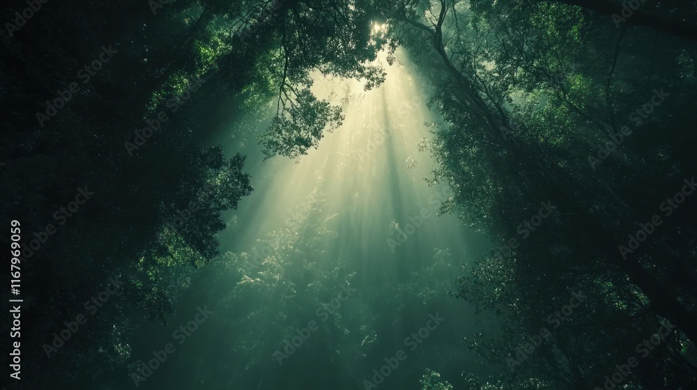 Aufkleber sunbeams penetrate dense rainforest canopy, creating mystical atmosphere.