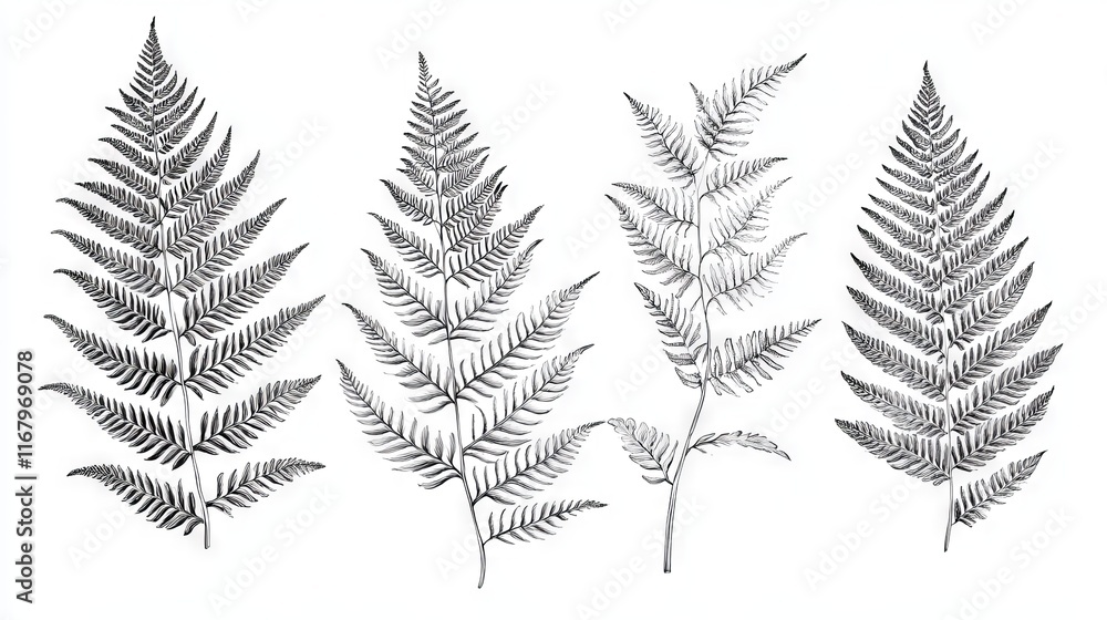 Wall mural 24.5. A set of vector-style line art drawings featuring various fern leaves, each outlined with intricate black lines to capture the natural beauty of the fronds. The leaves are isolated on a white