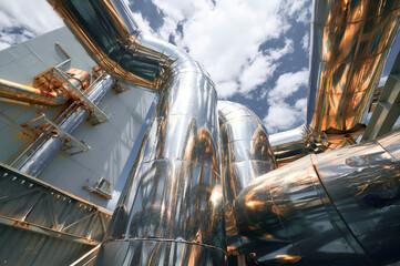 Pipelines converge at a chemical plant under a bright blue sky, showcasing industrial strength and...