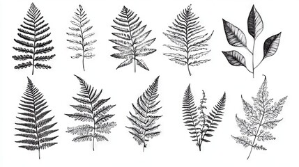 23.4. A series of black and white sketches of fern leaves, drawn with a focus on fine line details and subtle shading. The ferns are depicted in their natural form, each frond outlined with precision